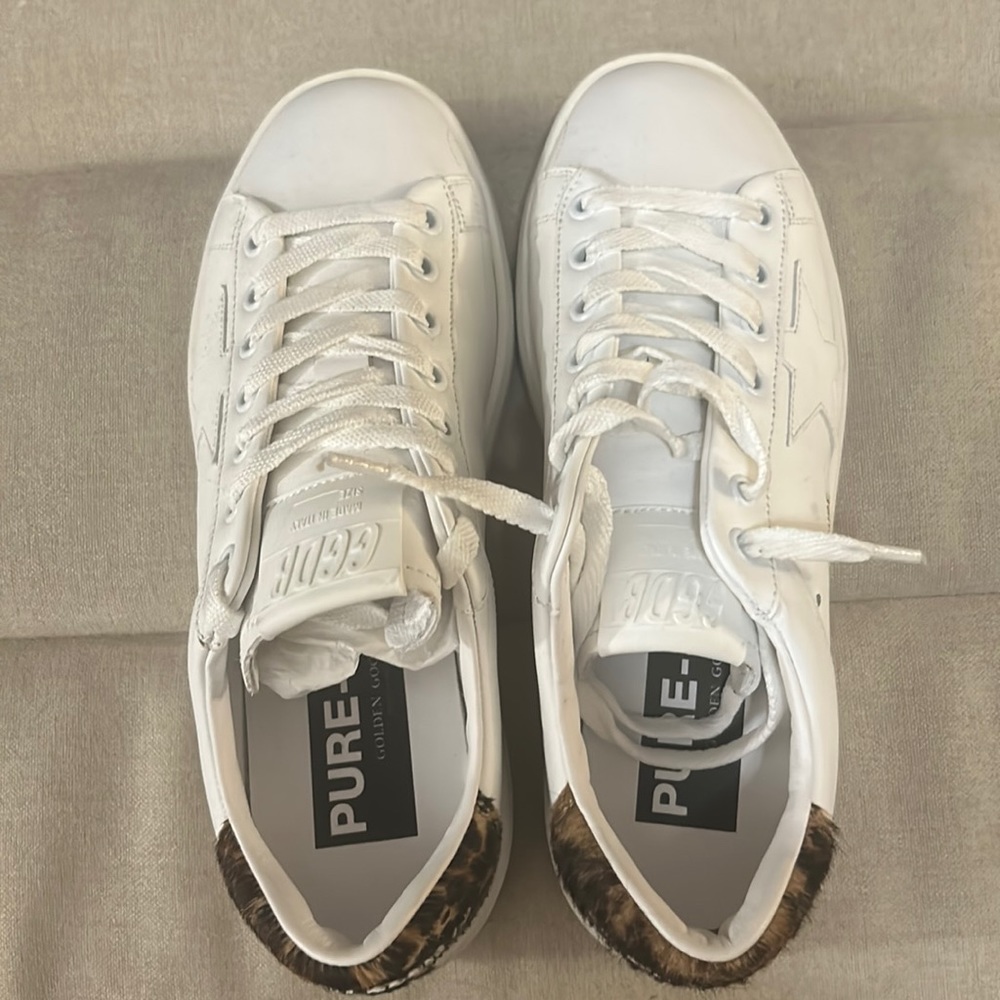 Golden Goose White Leather and Animal Print Pure Star Platform Sneakers Size 37